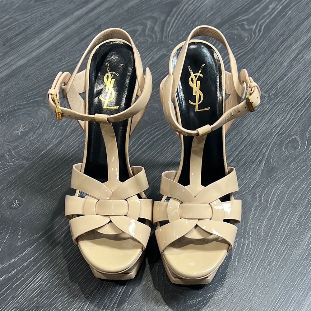 Saint Laurent Tribute Beige Patent Leather Sandals